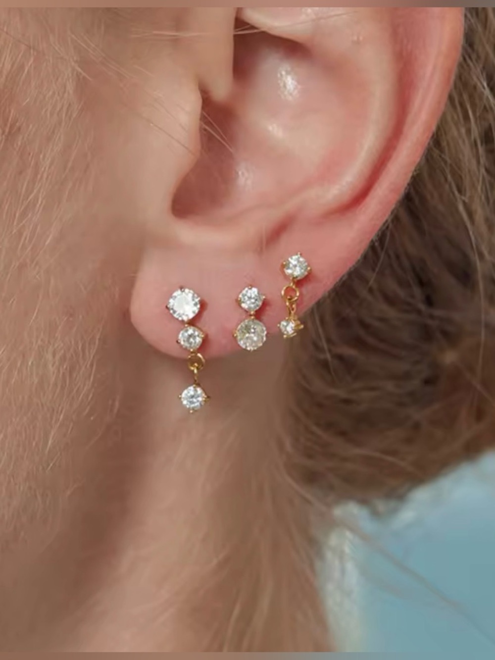 Gold Cubic Zirconia Drop Stud Earrings - Elegant Gold Tone